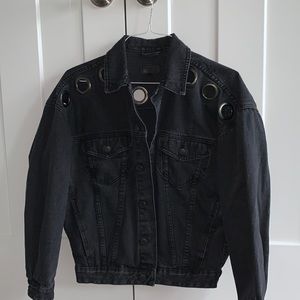Oversized denim jacket with eyelets in black